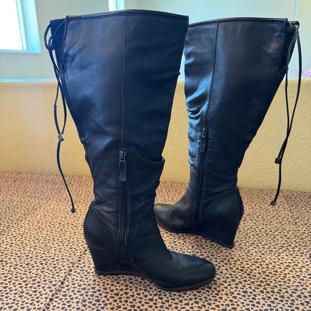 Franco Sarto Black Over the Knee Boots with Lace-Up Design